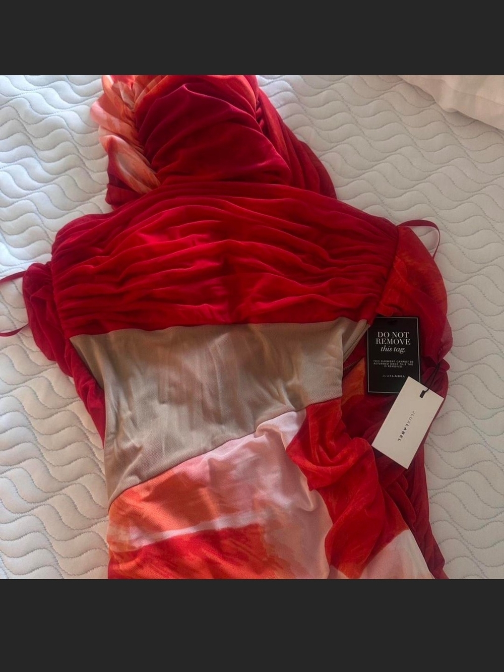 JLUXLABEL Strapless Red and Orange Gradient Ruched Dress